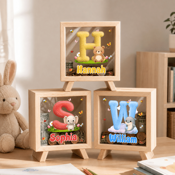 Personalized Cartoon Animal Pattern Wooden Piggy Bank with Name and Initial Birthday Back to School Gift for Kids Students
