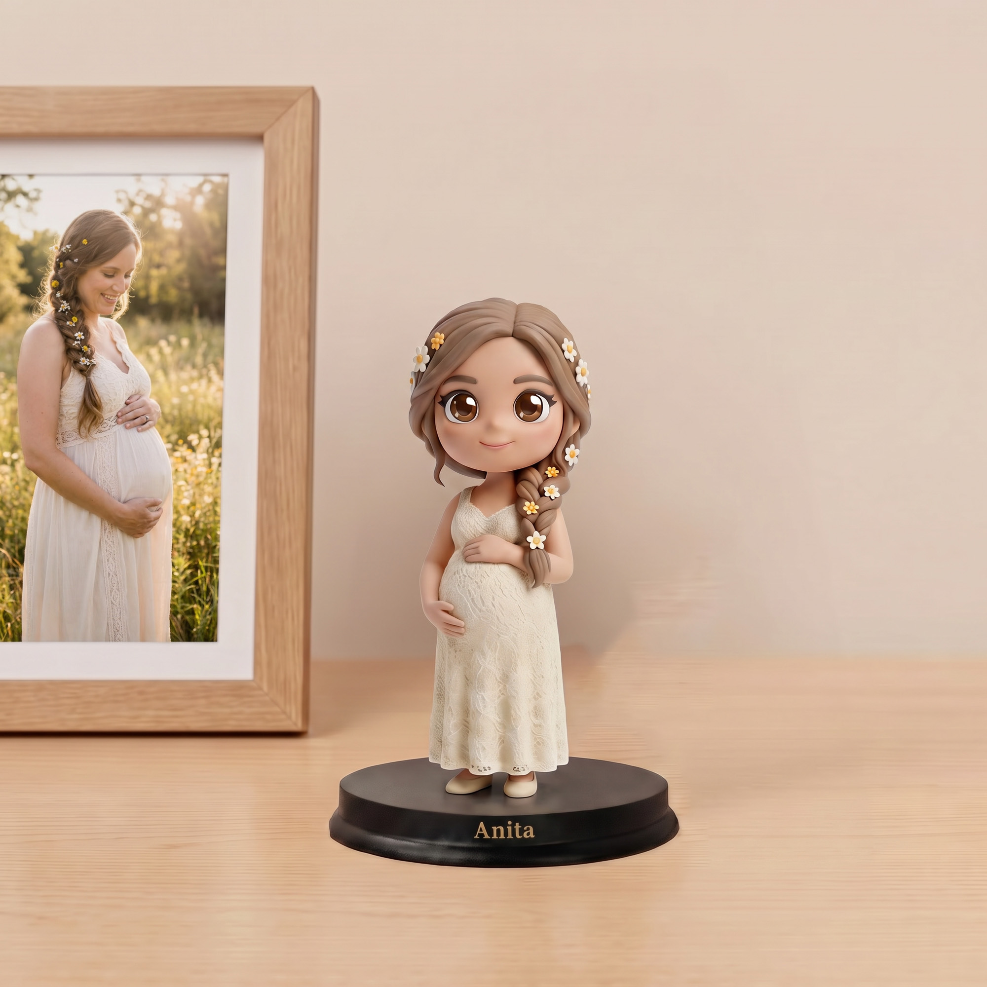 Personalisierte, kreative Fotokreation als 3D-Cartoon-Figur einer schwangeren Frau – Ornament mit Text, Dekoration für den Schreibtisch, Geburtstagsgeschenk für die frischgebackene Mutter