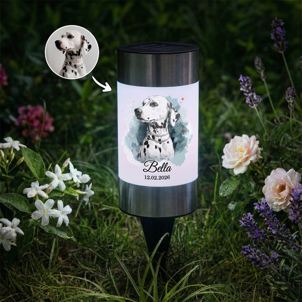 Personalisierte Aquarell-Skizze Solar Gartenleuchte mit Katzen- & Hundeporträt nach Foto | Gartenlampe | Erinnerungsgeschenk für Herrchen & Frauchen