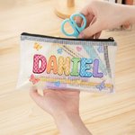 Personalised Oil Painting Style Butterfly Heart Waterproof Portable Mesh Pencil Pouch with Name and Zipper Back to School Birthday Gift for Kids