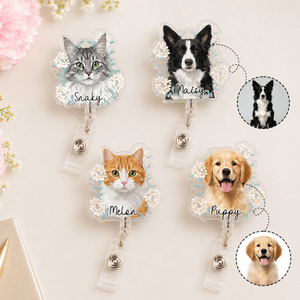 Personalised Watercolour Floral Pet Photo Badge Reel with Name Nurse Appreciation Birthday Gift for Veterinarians Pet Owners