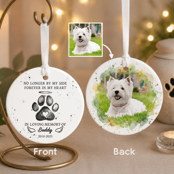 Personalized No Longer By My Side Forever In My Heart Watercolor Pet Photo Ceramic Ornament with Name and Year Sympathy Gift for Pet Owners