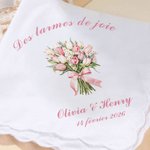 Mouchoir 100 % coton personnalisé avec nom texte et bouquet de fleurs - Cadeau de mariage fête pour les couple ou la famille