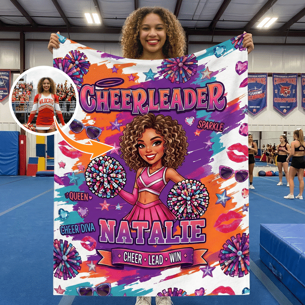 Personalized Cartoon Cheerleader Girl Fleece Soft Throw Blanket with Name and Photo Home Decor Cheer Camp Anniversary Gift for Cheerleaders