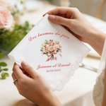 Mouchoir 100 % coton personnalisé avec nom texte et bouquet de fleurs - Cadeau de mariage fête pour les couple ou la famille