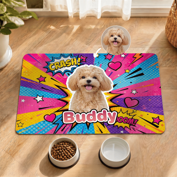 Personalised Pet Photo Pop Art Multicolour PU Leather Pet Food Mat with Name Home Decor Birthday Gift for Pet Owners Lovers