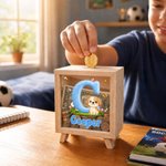 Personalized Cartoon Animal Pattern Wooden Piggy Bank with Name and Initial Birthday Back to School Gift for Kids Students