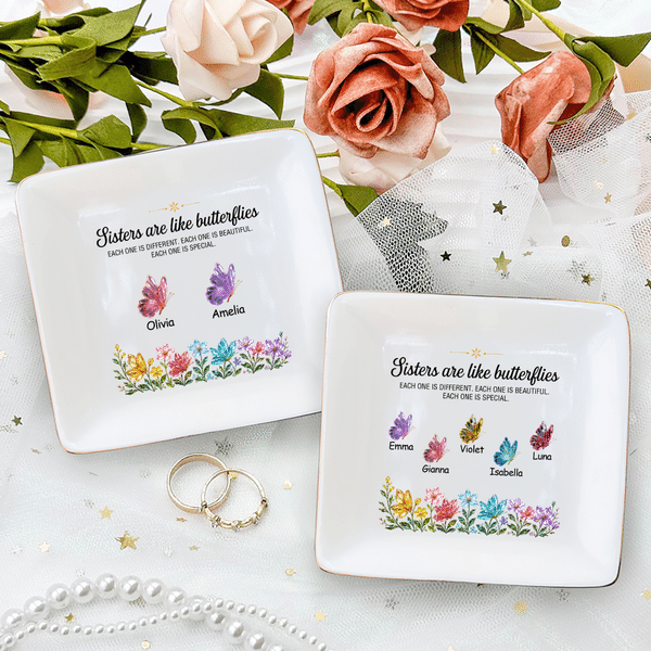 Personalised Sisters Are Like Butterflies Floral Butterfly Ceramic Trinket Jewellery Dish with Name Birthday Gift for Besties Friends