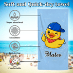 Serviette de plage personnalisée, douce, surdimensionnée, à séchage rapide, avec un adorable canard jaune et le prénom de votre choix – Indispensable pour les voyages d'été, cadeau idéal pour les vaca
