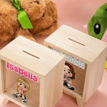 Tirelire en bois personnalisée avec personnage de dessin animé pour enfants, avec prénom, décoration de bureau, cadeau d'anniversaire pour garçons et filles