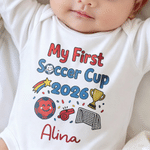 Personalized My First Soccer Cup Trophy Design 100% Cotton Baby Bodysuit Body Romper Bib T-Shirt with Name and Year Baby Shower Gift for Baby Boy Girl