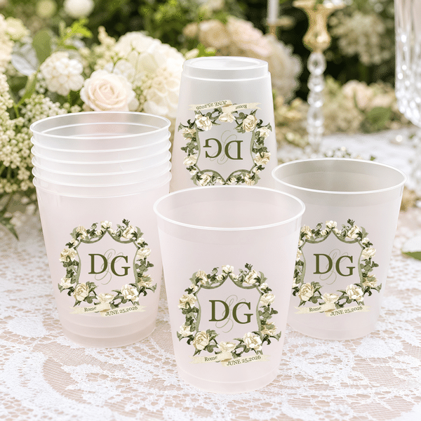 Personalised Watercolour Floral Crest Frosted Food-Grade Plastic Cups with Initial and Date Engagement Wedding Party Gift for Bride Couple Guest