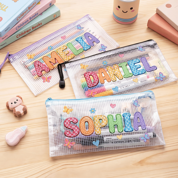 Personalised Oil Painting Style Butterfly Heart Waterproof Portable Mesh Pencil Pouch with Name and Zipper Back to School Birthday Gift for Kids