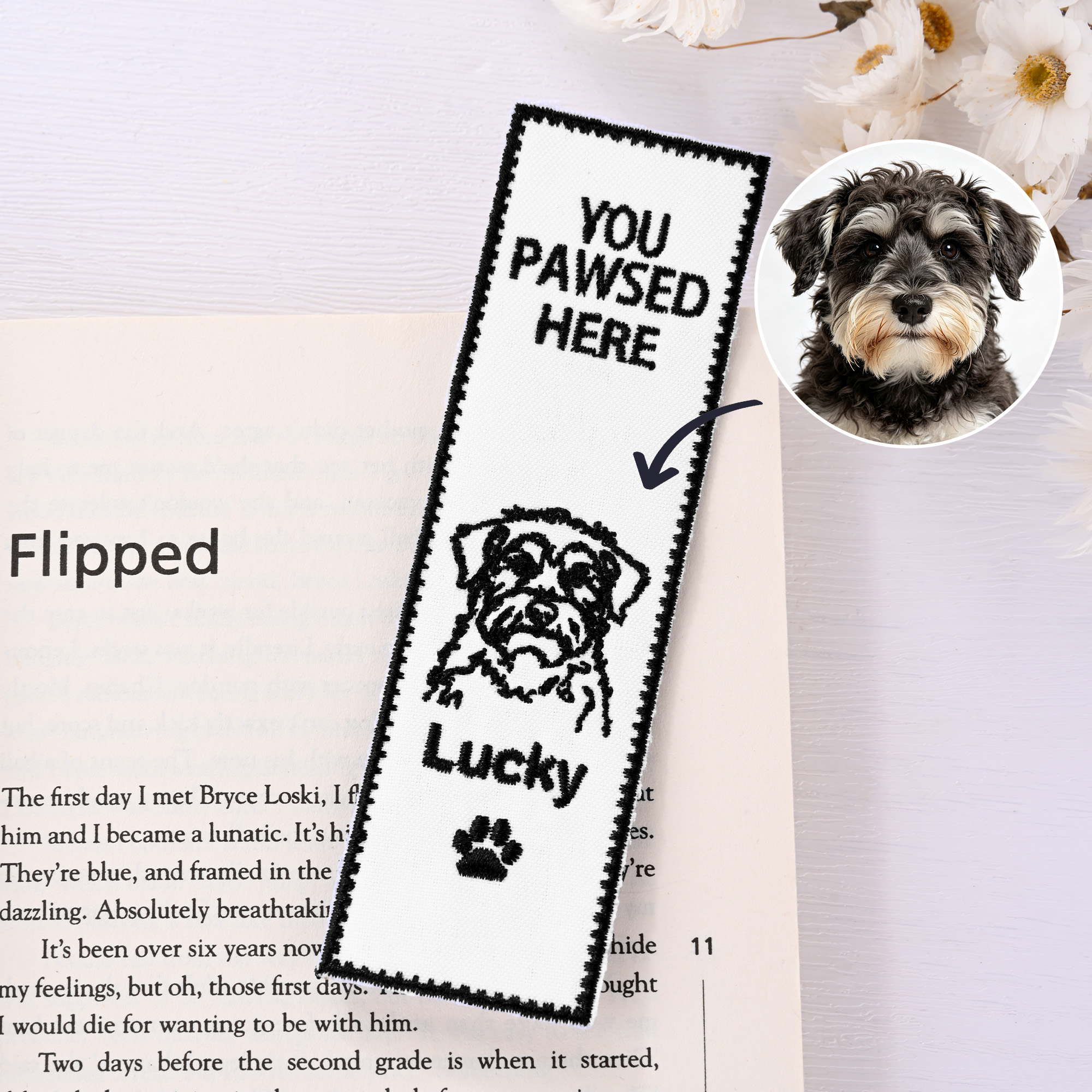 Personalisiertes „You Pawsed Here“-Stichbuchzeichen mit Tierporträt und Namen – Geschenk zum Adoptionsjubiläum, Geburtstag oder für Tierhalter und Buchliebhaber