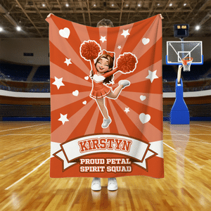 Personalized Cartoon Pom Pom Cheer Girl Heart Star Sunburst Throw Blanket with Name Team Birthday Gift for Cheerleaders
