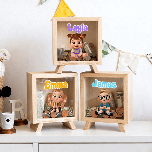 Tirelire en bois personnalisée avec personnage de dessin animé pour enfants, avec prénom, décoration de bureau, cadeau d'anniversaire pour garçons et filles