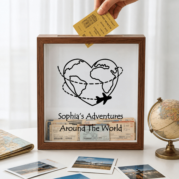 Personalized Minimalist Line Art World Travel Memory Box with Text Home Decor Anniversary Birthday Gift for Traveler Friend