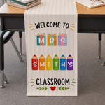 Personalised Notebook Pencil Teaching Elements Table Runner with Text Back to School Birthday Gift for Teacher