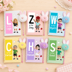 Personalised Cartoon Character A5 Spiral Journal Notebook with Name Initial and Bunny Pom Pen Daily Use Back to School Birthday Gift for Boys Girls