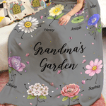 Personalised Gran's Garden Happy Cute Birth Flower Character Throw Blanket with 1-10 Name Home Decor Birthday Gift for Mum Gran