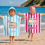 Personalized Cute Cartoon Pattern Multicolor Stripe Quick Drying Hooded Beach Towel with Name Travel Beach Use Birthday Gift for Kids Family