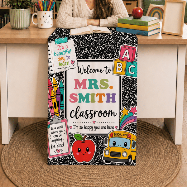 Personalised Notebook Pencil Teaching Elements Table Runner with Text Back to School Birthday Gift for Teacher