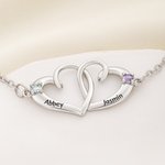 Personalised Double Heart Birthstone Bracelet with Name Dainty Jewellery Anniversary Birthday Gift for Woman Mum Girlfriend Wife
