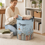 Cesta de almacenamiento para la colada, personalizada, multicolor, con diseño de libro vintage, resistente al agua, con asa y nombre; regalo de inauguración de casa o de cumpleaños para mujeres