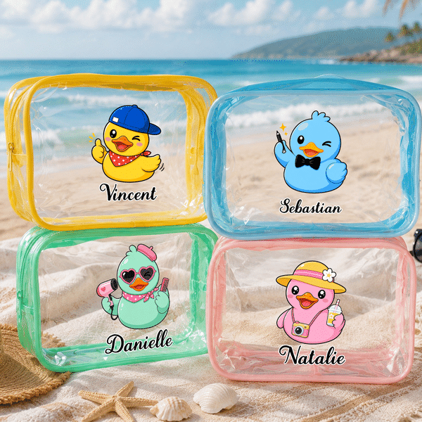 Personalised Multicolour Professional Yellow Duck Clear Waterproof Transparent Makeup Bag with Name Beach Party Travel Birthday Gift for Friends Women