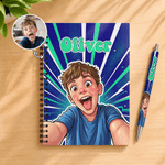 Personalised Comic-Style Photo Character A5 Spiral Journal Notebook with Name and Ballpoint Pen  Daily Use Birthday Gift for Boys Girls Kids