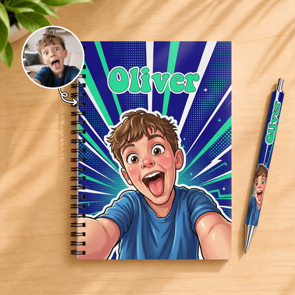 Personalised Comic-Style Photo Character A5 Spiral Journal Notebook with Name and Ballpoint Pen  Daily Use Birthday Gift for Boys Girls Kids