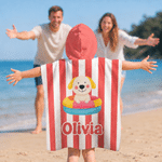 Personalized Cute Cartoon Pattern Multicolor Stripe Quick Drying Hooded Beach Towel with Name Travel Beach Use Birthday Gift for Kids Family