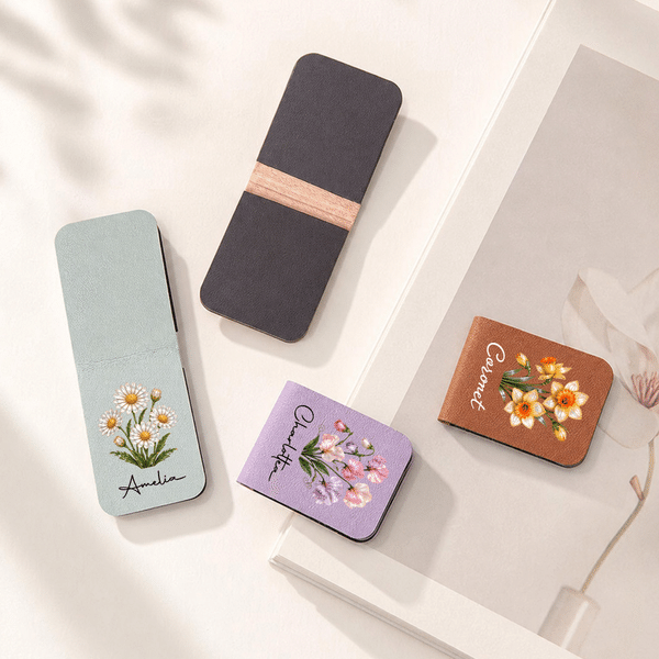 Personalised Multicolour Watercolour Birth Flower Magnetic PU Leather Bookmark Clip with Name Reading Birthday Gift for Book Lovers Bookworms