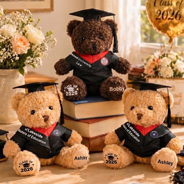 Personalized Cute Bachelor Cap Plush Teddy Bear Stuffed Toy with Name and School Badge Class of 2026 Graduation Gift for Kids Graduates