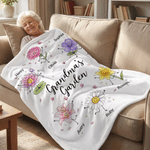 Personalised Gran's Garden Happy Cute Birth Flower Character Throw Blanket with 1-10 Name Home Decor Birthday Gift for Mum Gran