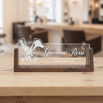 Personalized Hairdressing Pattern Design Acrylic LED Night Light with Name & Position and Wooden Base Hair Salon Birthday Gift for Hairdresser
