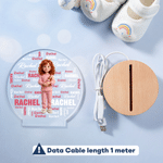 Veilleuse LED en acrylique personnalisée avec nuage de mots illustré, prénom et socle en bois – Décoration de chambre d'enfant – Cadeau d'anniversaire pour enfant