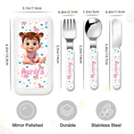 Personalised Cartoon Character Pattern Fork Spoon Knife 3 Pcs Cutlery Set with Name and Case Daily Use Birthday Gift for Kid