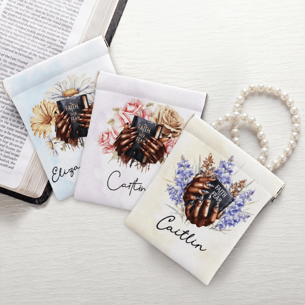 Personalised Black Girl Nail Art Birth Flower PU Leather Rosary Pouch Storage Bag with Name Communion Baptism Religious Gift for Christians
