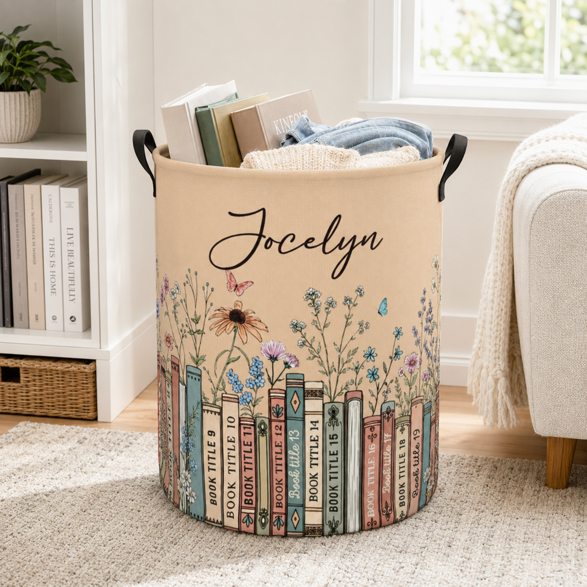 Individuell gestalteter, mehrfarbiger Vintage-Bücherblumen-Wäschekorb, wasserfest, mit Griff und Namenszug – Einweihungs- und Geburtstagsgeschenk für Frauen