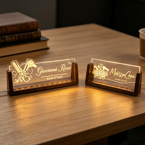 Personalized Hairdressing Pattern Design Acrylic LED Night Light with Name & Position and Wooden Base Hair Salon Birthday Gift for Hairdresser