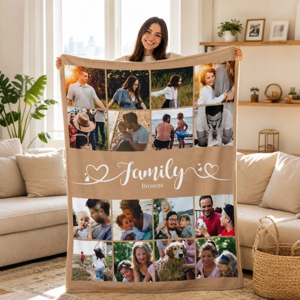 Individuell gestaltete, mehrfarbige Kuscheldecke mit 16 Fotos als Collage – weiche Familiendecke mit Namen, Geburtstags- und Weihnachtsmotiv – Wohnaccessoire und Geschenk für die Familie