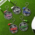 Personalisierter klassischer Fußball-Schlüsselanhänger aus Acryl mit Glitzer, Namen, Nummer und Quaste – für den täglichen Gebrauch, als Geschenk zum Schulanfang oder zum Geburtstag für Fußballfans