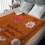 Personalised Gran's Garden Happy Cute Birth Flower Character Throw Blanket with 1-10 Name Home Decor Birthday Gift for Mum Gran