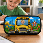 Personalized 3D-Effect Artwork Cartoon Vehicle Pencil Case with Name and Photo Daily Use Back to School Birthday Gift for Kids Students