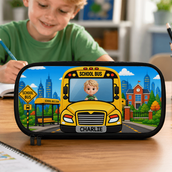 Personalized 3D-Effect Artwork Cartoon Vehicle Pencil Case with Name and Photo Daily Use Back to School Birthday Gift for Kids Students