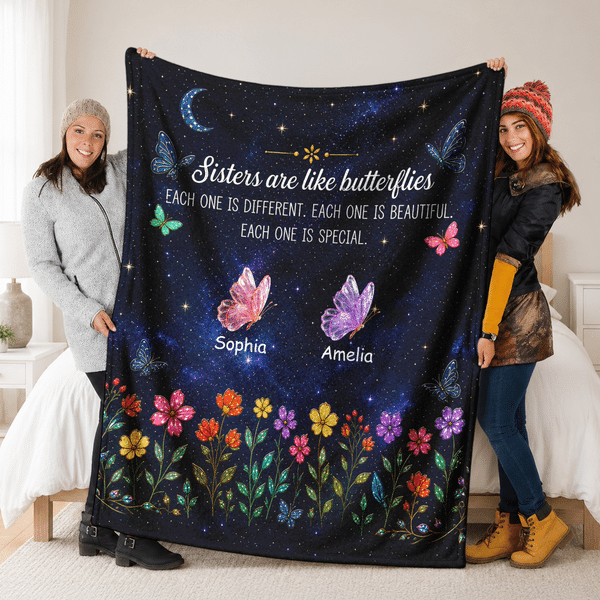 Personalized Starry Sky Butterfly Flower Soft Throw Blanket with Name Home Decor Party Birthday Gift for Sisters Friends Bestie