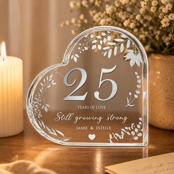 Personalised Glitter Leaf Border Year of Love Heart-Shaped Acrylic Plaque with Names Valentine's Day Wedding Anniversary Gift for Couple