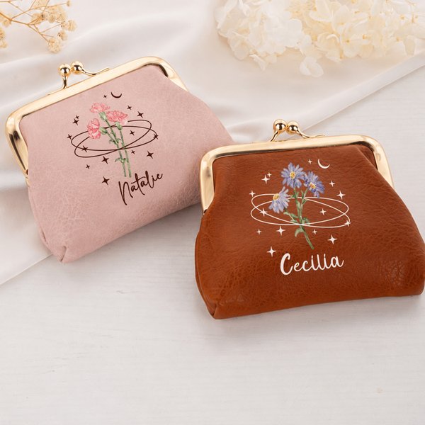 Personalized Birth Flower PU Leather Coin Handbag with Kiss Lock and Name Daily Use Birthday Gift for  Friends Moms Students