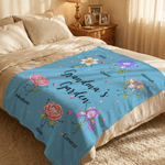 Personalised Gran's Garden Happy Cute Birth Flower Character Throw Blanket with 1-10 Name Home Decor Birthday Gift for Mum Gran
